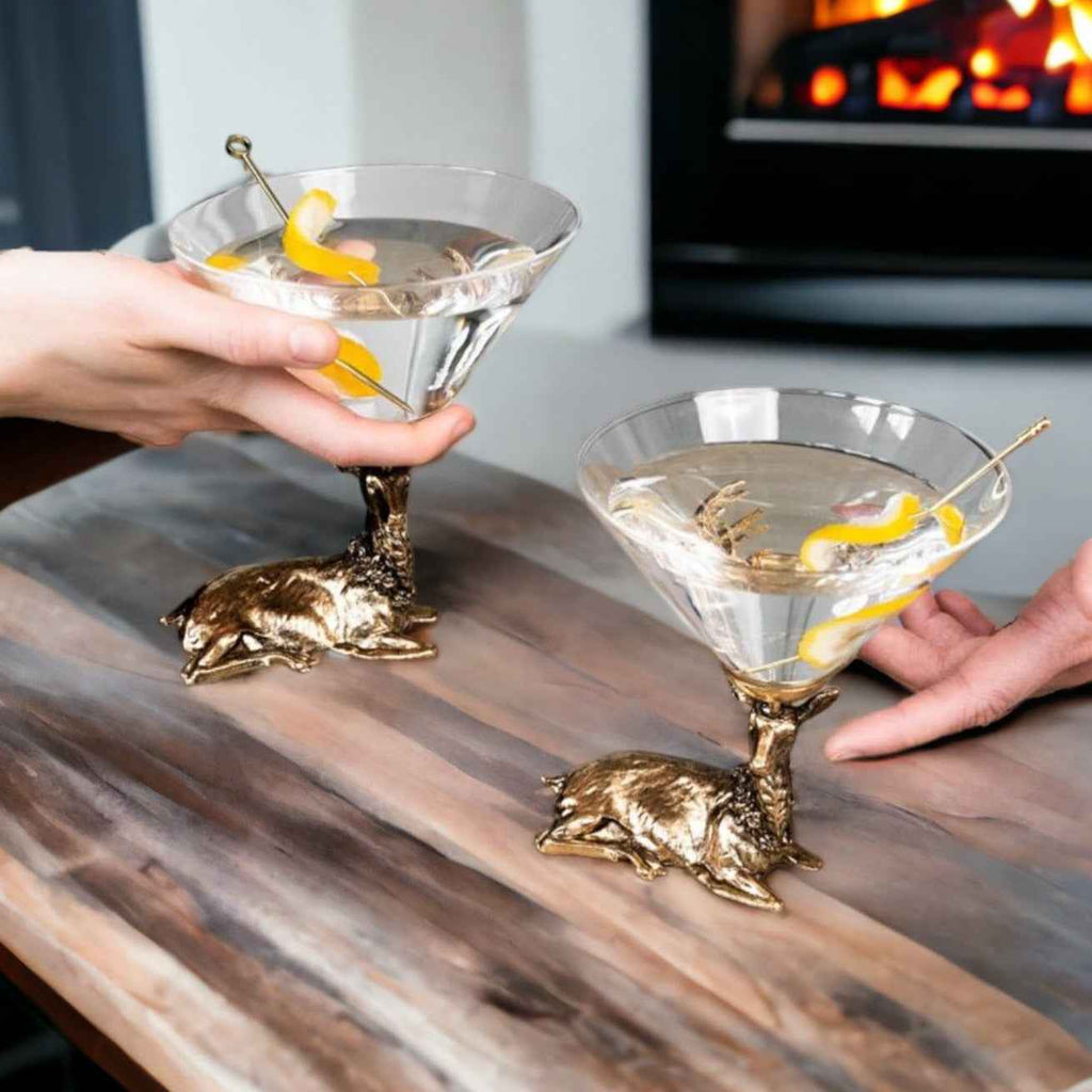 Gold Stag Martini Glasses with Sculpted Antler Bases – Set of 2