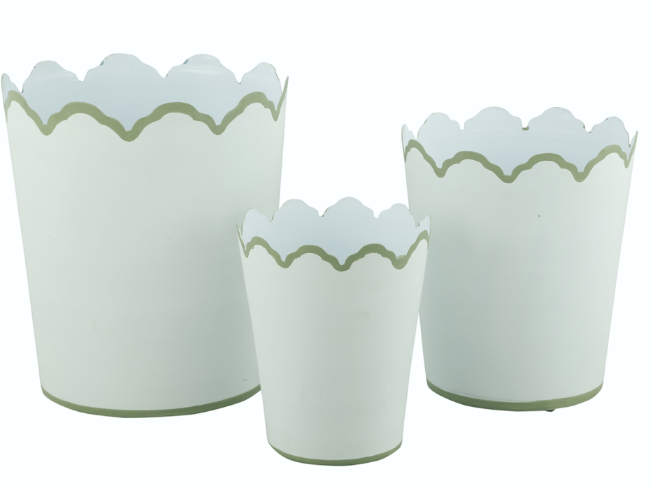 White & Soft Green Scalloped Bucket Wastepaper Basket & Planters (3 Sizes) | Elegant Décor