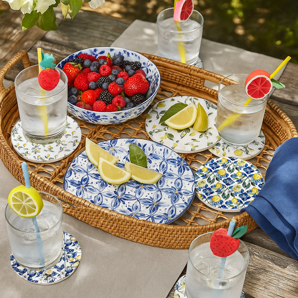 Mediterranean Lemon Ceramic Coasters – Blue Tile & Citrus Designs (4