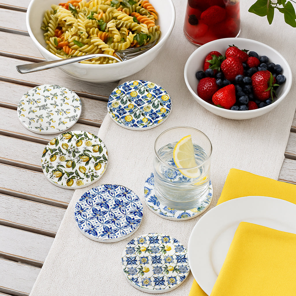 Mediterranean Lemon Ceramic Coasters – Blue Tile & Citrus Designs (4