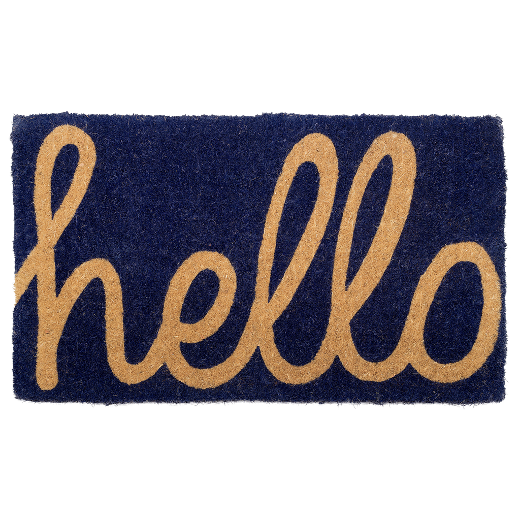 Cursive Hello Dark Blue Natural Coir Doormat
