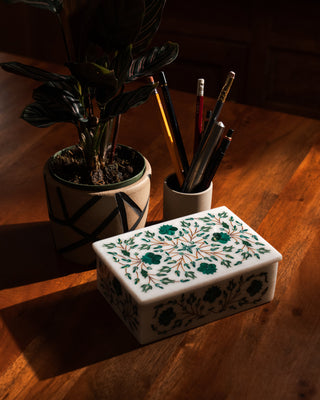 Malachite & Mother of Pearl Marble Inlay Box – Handcrafted Pietra Dura Keepsake