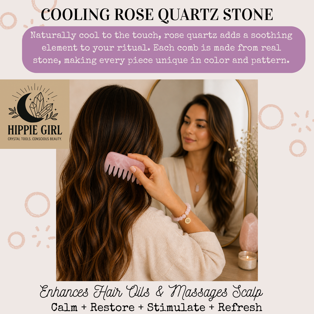 Crown Chakra Rose Quartz Comb – Crystal Scalp Massage & Wide Tooth Hair Comb
