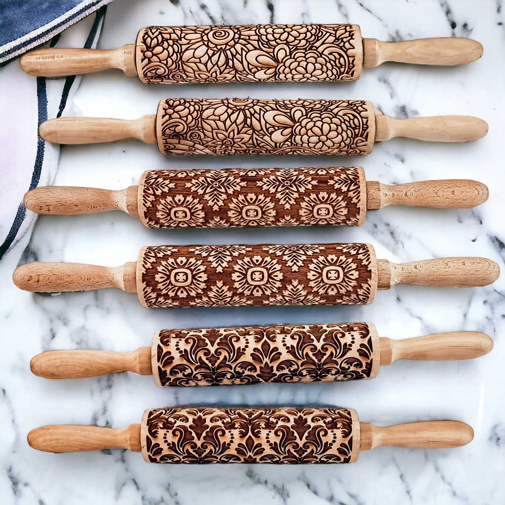 Embossed Rolling Pin Gift Set – Patterned Rolling Pin with Cookie Cutters (Box Style)