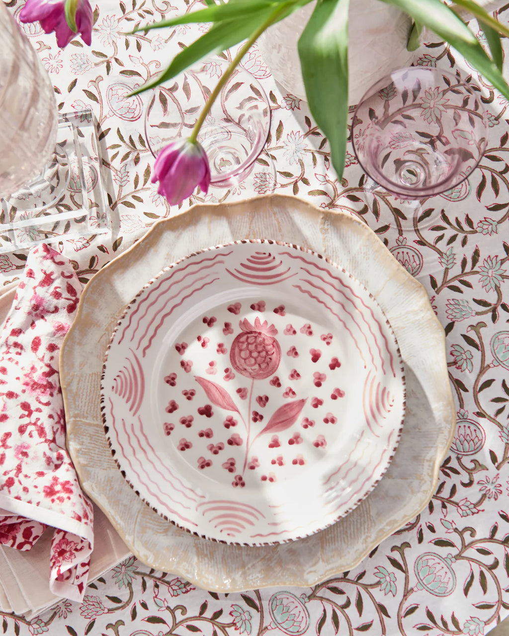 Cabana Napkin - Set of 8 and Tablecloth, Pink Pomegranate