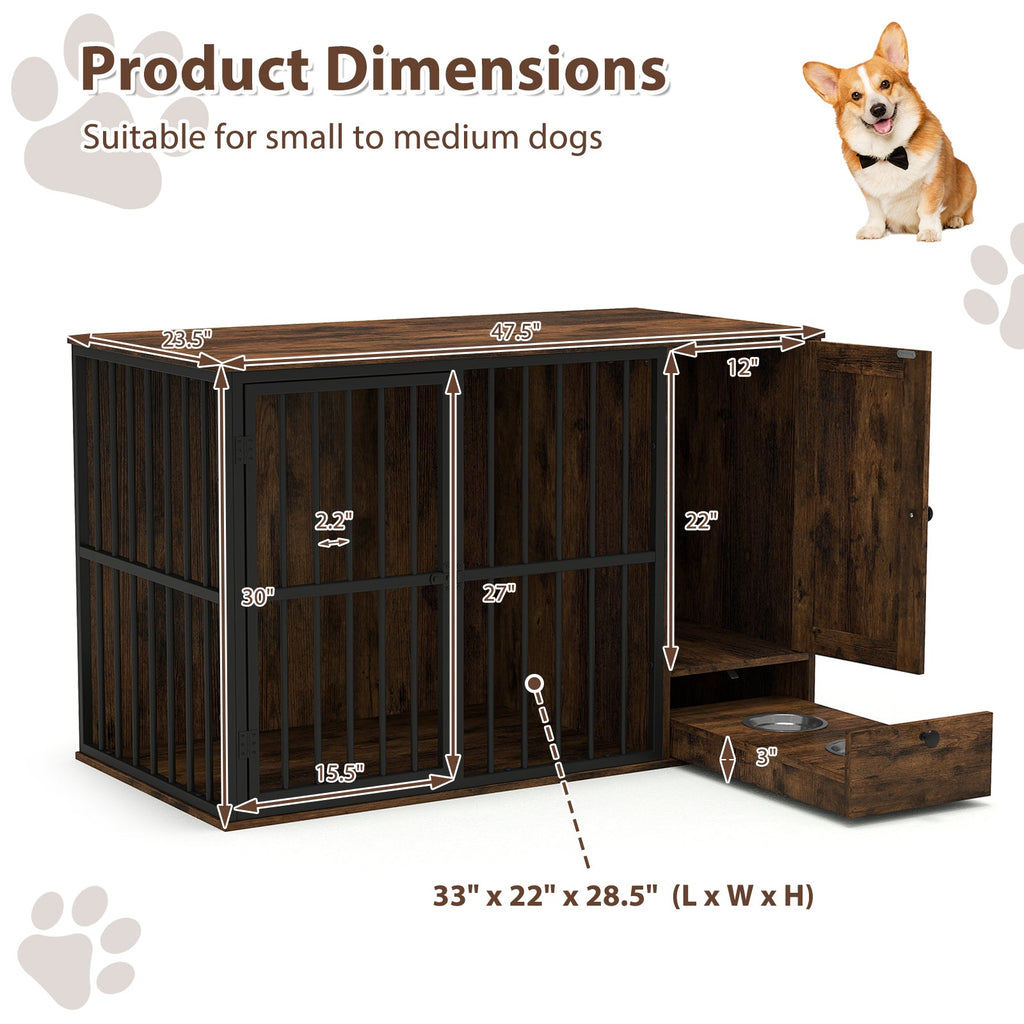 47.5-Inch Dog Crate Furniture with Storage and Pull-Out Feeding Bowls – Rustic Brown
