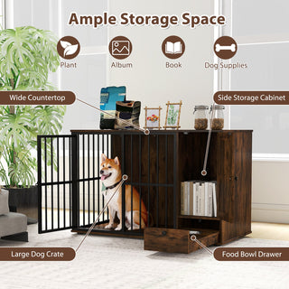 47.5-Inch Dog Crate Furniture with Storage and Pull-Out Feeding Bowls – Rustic Brown