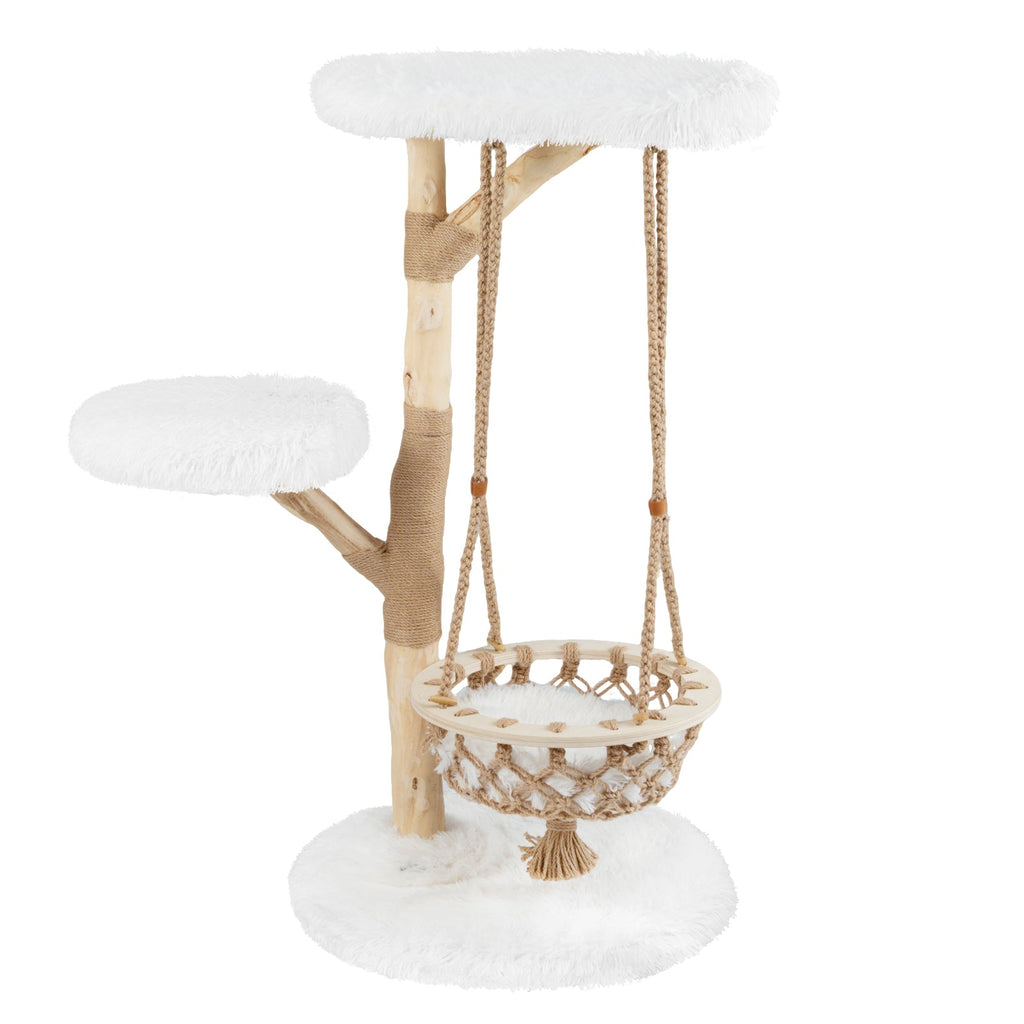 48.5-Inch Solid Pear Wood Cat Tree with Hanging Cradle and Jute Scratcher – White
