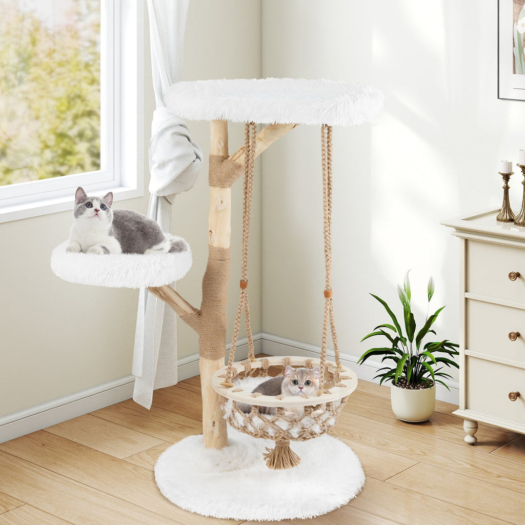 48.5-Inch Solid Pear Wood Cat Tree with Hanging Cradle and Jute Scratcher – White