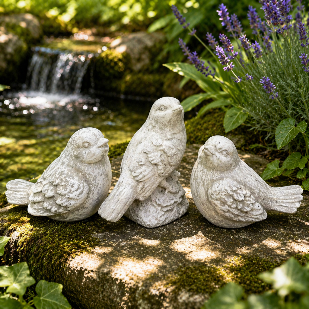 Cast Cement Sitting Bird Statue with Washed Patina