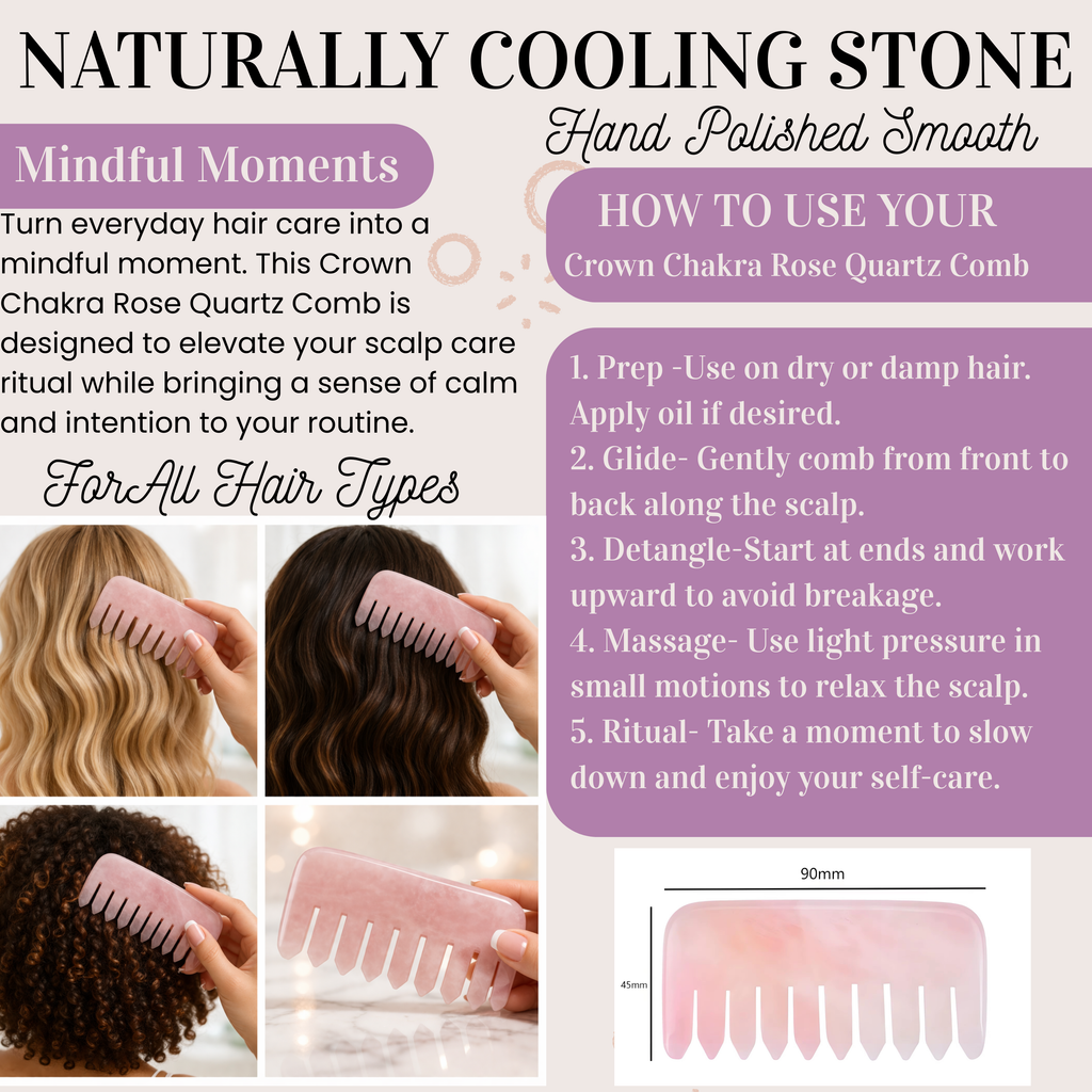 Crown Chakra Rose Quartz Comb – Crystal Scalp Massage & Wide Tooth Hair Comb