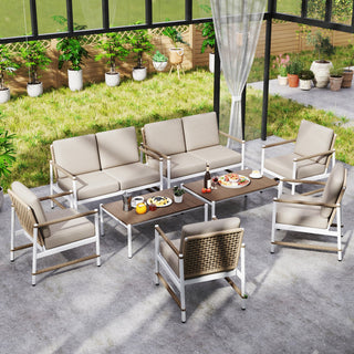 4-Piece Aluminum and PE Rattan Patio Conversation Set with Gray Cushions and Coffee Table