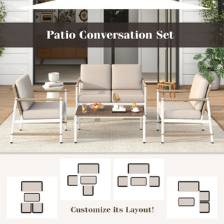 4-Piece Aluminum and PE Rattan Patio Conversation Set with Gray Cushions and Coffee Table