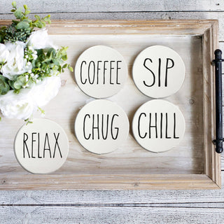 One Word Ceramic Coasters – Minimalist Bar & Coffee Table Collection (4