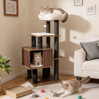 53.5-Inch Wooden Cat Tree with Padded Top Perch and Condo – Brown