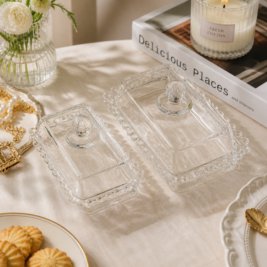 Vintage Beaded Glass Butter Dish with Lid – Clear Glass Butter Keeper