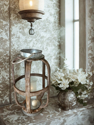 Rustic Wood and Metal Lantern with Glass Hurricane