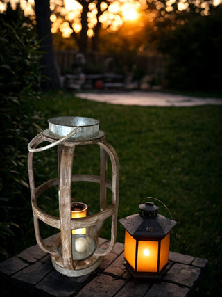 Rustic Wood and Metal Lantern with Glass Hurricane