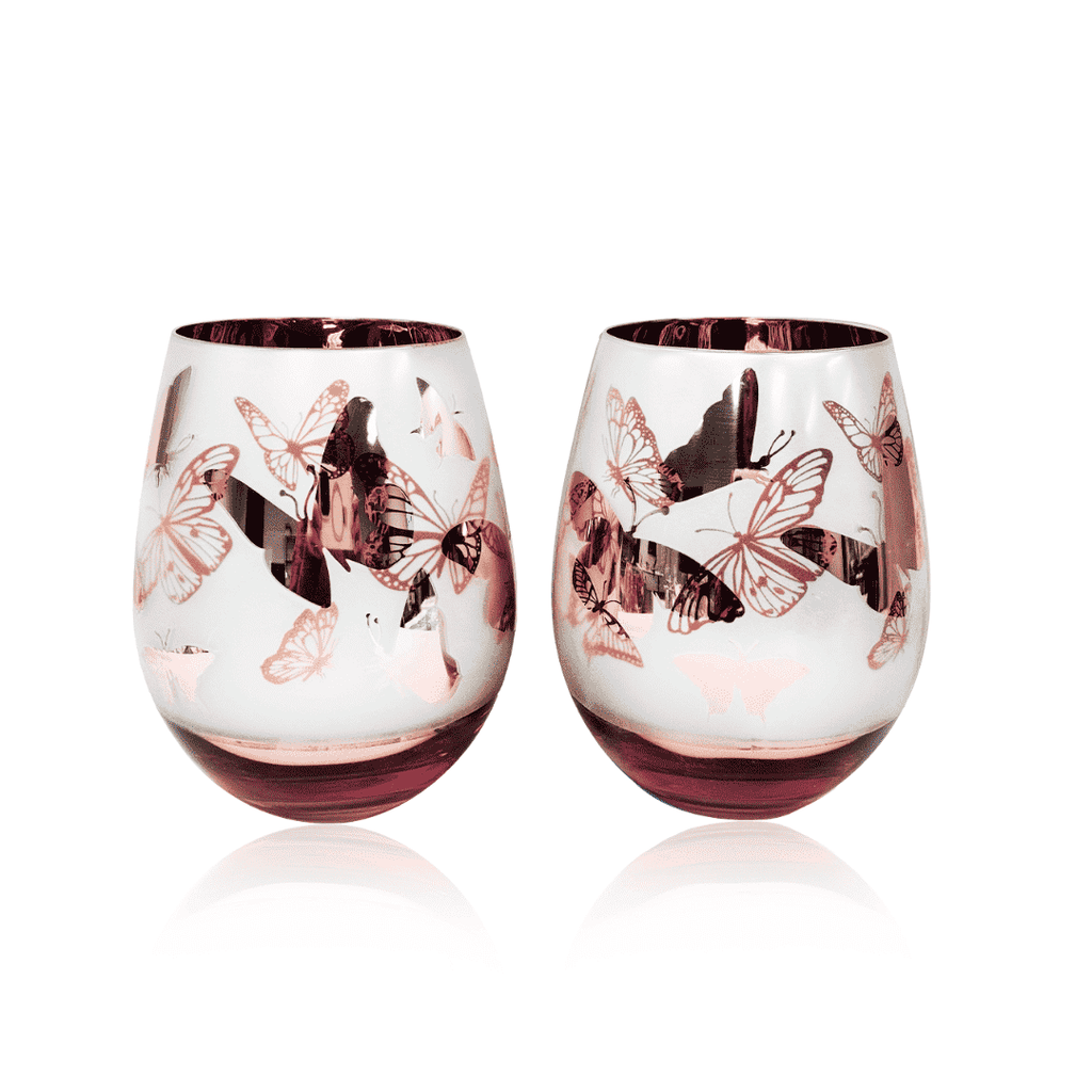 Jeweled Pink Butterfly Stemless Wine Glasses – Set of 2