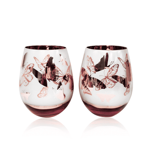 Jeweled Pink Butterfly Stemless Wine Glasses – Set of 2