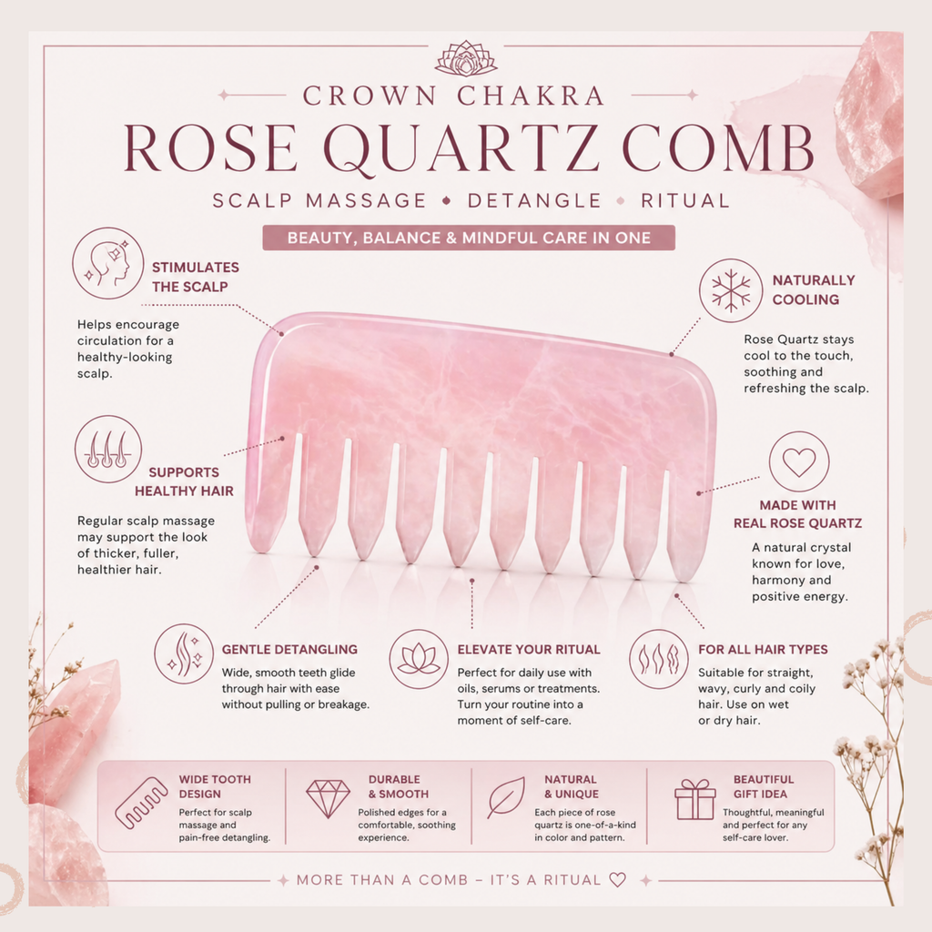 Crown Chakra Rose Quartz Comb – Crystal Scalp Massage & Wide Tooth Hair Comb