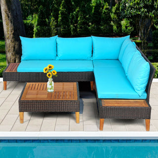 4-Piece Cushioned PE Rattan Patio Furniture Set with Acacia Wood Tables