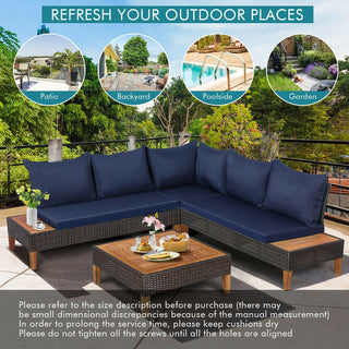 4-Piece Cushioned PE Rattan Patio Furniture Set with Acacia Wood Tables