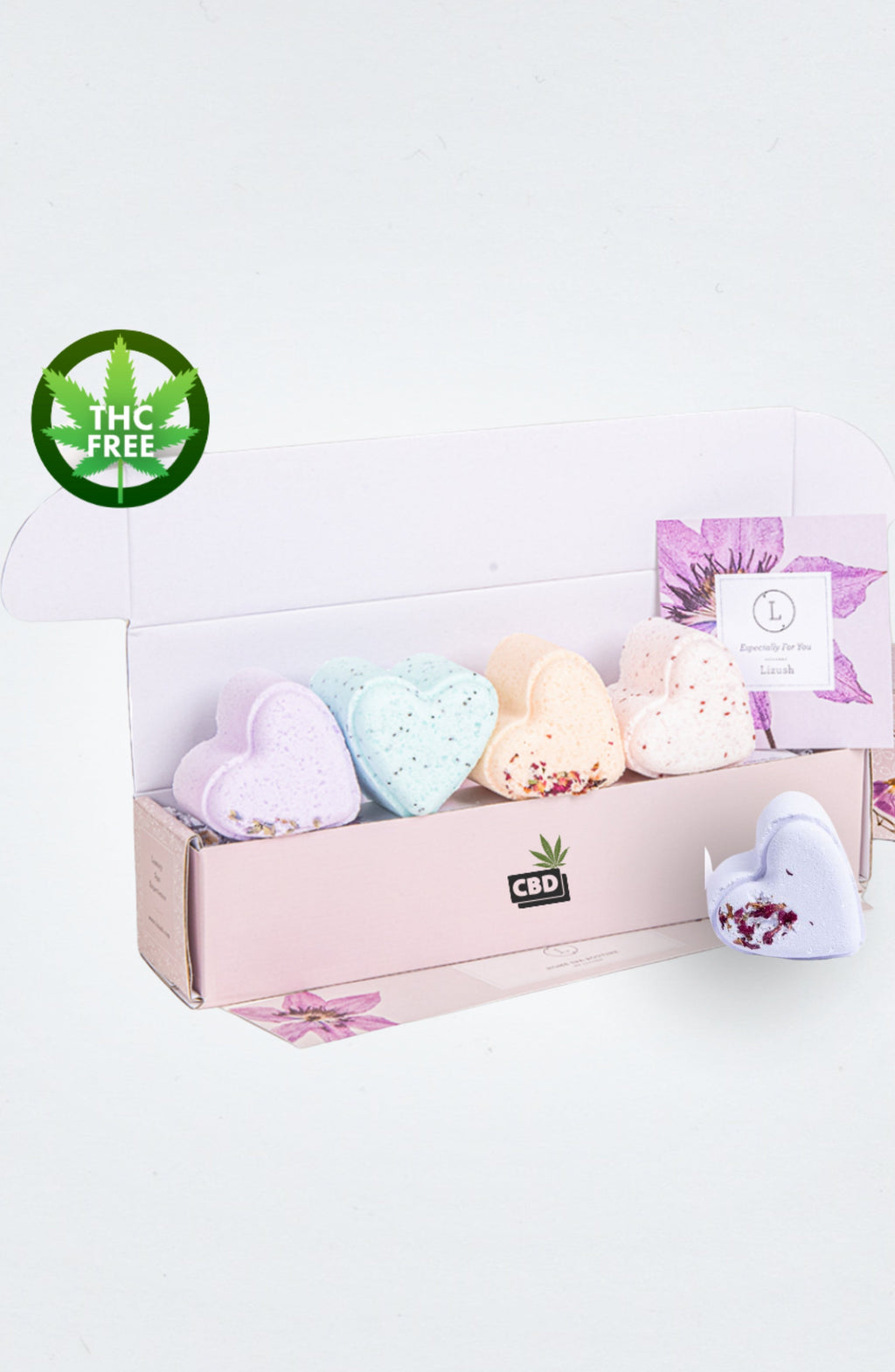 CBD Bath Bombs Gift Box – 5 Heart-Shaped THC-Free Bath Bombs with CBD, Personalized Gift