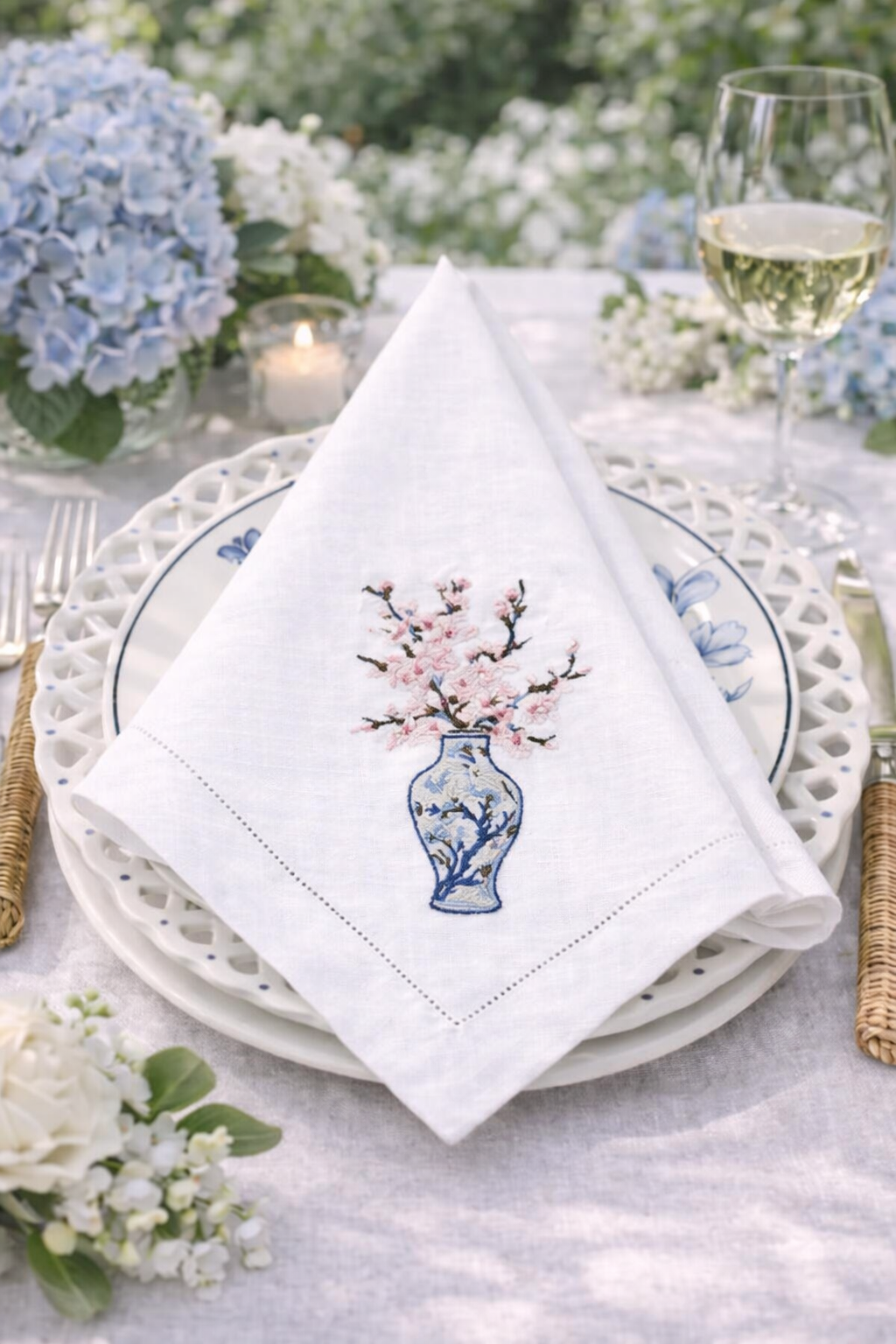 Set of 4 Cherry Blossom Embroidered Dinner Napkins