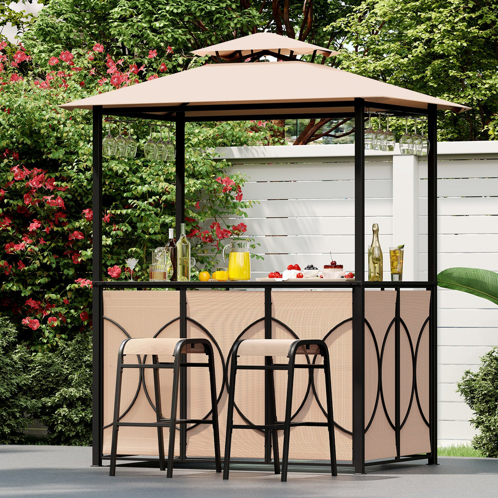 Outdoor Grill Gazebo with Bar Table, Storage Shelves and 2 Stools – 6.5' x 4' x 8'
