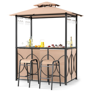Outdoor Grill Gazebo with Bar Table, Storage Shelves and 2 Stools – 6.5' x 4' x 8'