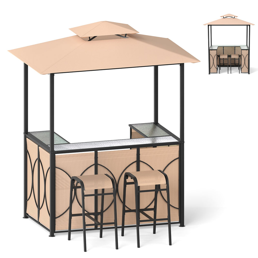 Outdoor Grill Gazebo with Bar Table, Storage Shelves and 2 Stools – 6.5' x 4' x 8'