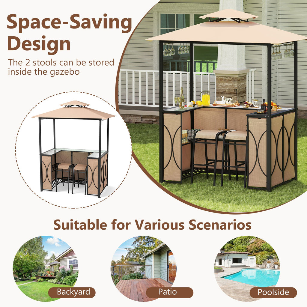 Outdoor Grill Gazebo with Bar Table, Storage Shelves and 2 Stools – 6.5' x 4' x 8'