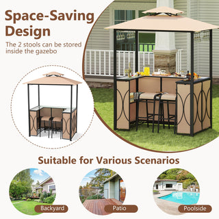 Outdoor Grill Gazebo with Bar Table, Storage Shelves and 2 Stools – 6.5' x 4' x 8'