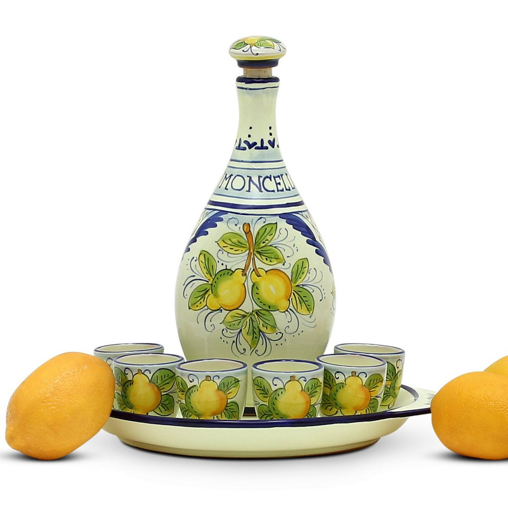 LIMONCELLO: Limoncello Set with Blue trimmings - Bottle with stopper and Tray and 6 Shot Glasses - (Limocello liquor not included)