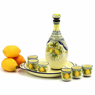 LIMONCELLO: Limoncello Set with Blue trimmings - Bottle with stopper and Tray and 6 Shot Glasses - (Limocello liquor not included)