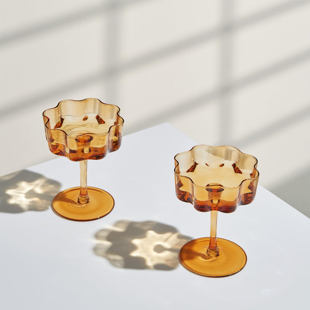 Amber Flower Wave Coupe Glasses Set of 2 – Colored Cocktail Glassware for Parties