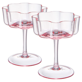 Blush Pink Flower Wave Coupe Cocktail Glasses Set of 4 – Colored Barware for Special Occasions