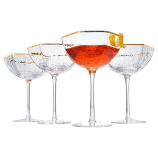 Khen Champagne Coupe Glasses Set of 4 – Vintage Gold Rim Cocktail Goblets 6oz Crystal Glassware