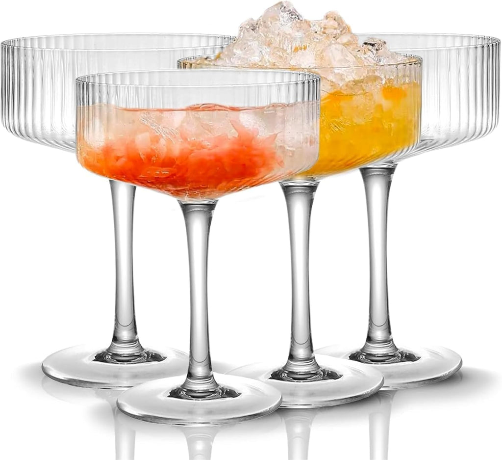 Ribbed Coupe Glasses Set 10oz – Vintage Crystal Bar Drinkware for Martini, Champagne & Cocktails