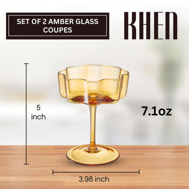 Amber Flower Wave Coupe Glasses Set of 2 – Colored Cocktail Glassware for Parties