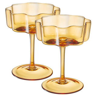 Amber Flower Wave Coupe Glasses Set of 2 – Colored Cocktail Glassware for Parties