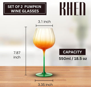 Khen Pumpkin Wine Glasses Set of 2 – Fall Inspired Borosilicate Drinkware in Orange & Green