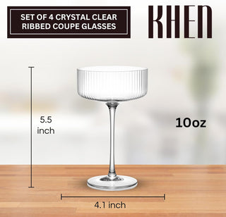 Ribbed Coupe Glasses Set 10oz – Vintage Crystal Bar Drinkware for Martini, Champagne & Cocktails