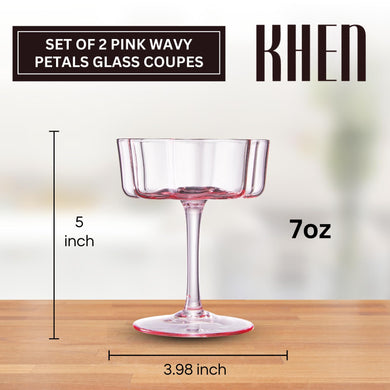Blush Pink Flower Wave Coupe Cocktail Glasses Set of 4 – Colored Barware for Special Occasions