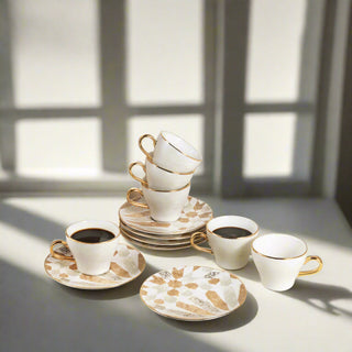 Amal Turkish Coffee & Espresso Cup Set (12-Pc) – Beige & Gold Luxury Bone China