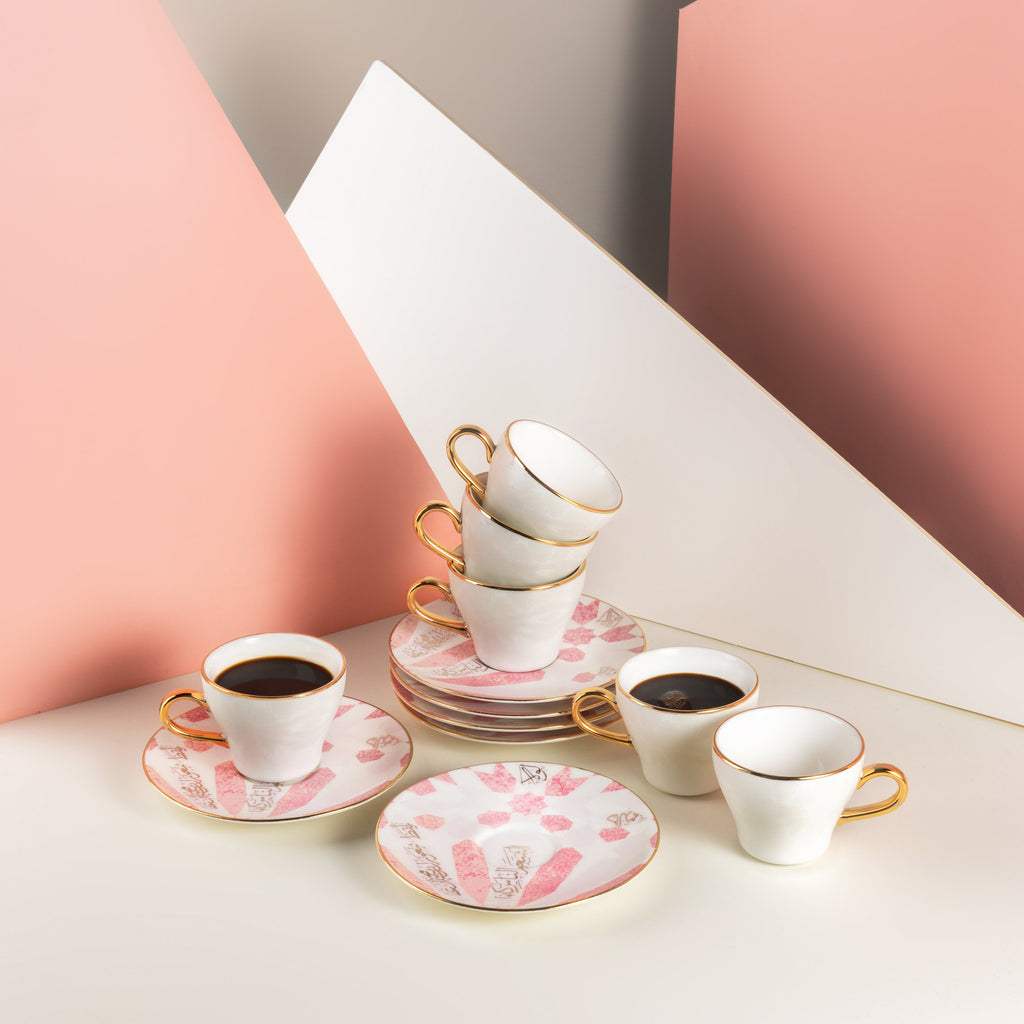 Amal Turkish Coffee & Espresso Cup Set (12-Pc) – Pink & Gold Luxury Bone China