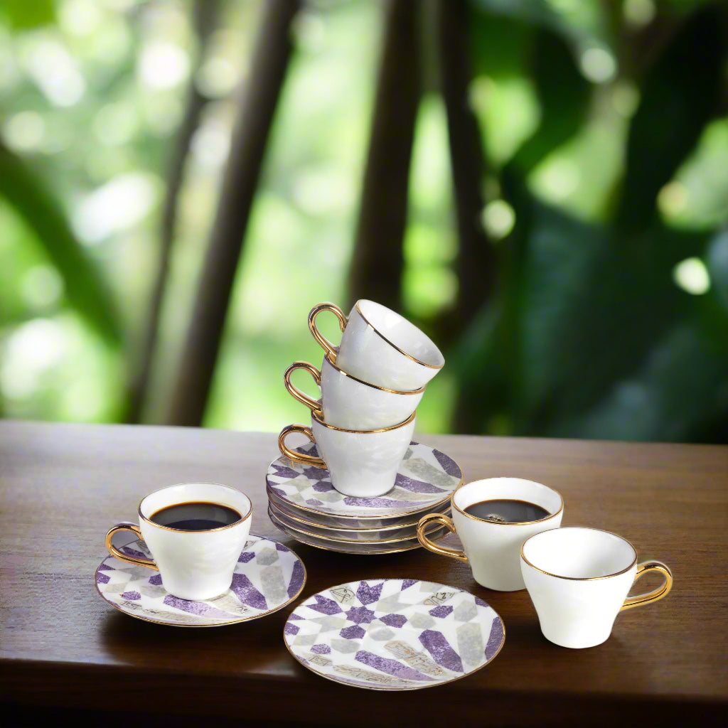 Amal Turkish Coffee & Espresso Cup Set (12-Pc) – Purple & Gold Luxury Bone China