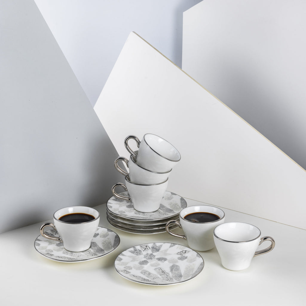 Amal Espresso Turkish Coffee Cups 12-Pc – Grey & Silver, Elegant Coffee Cup Set