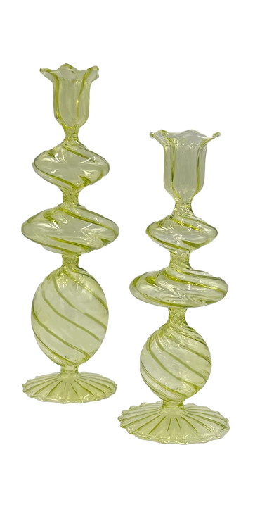 Green Swirl Glass Candlestick, Medium/Large, Set of 2